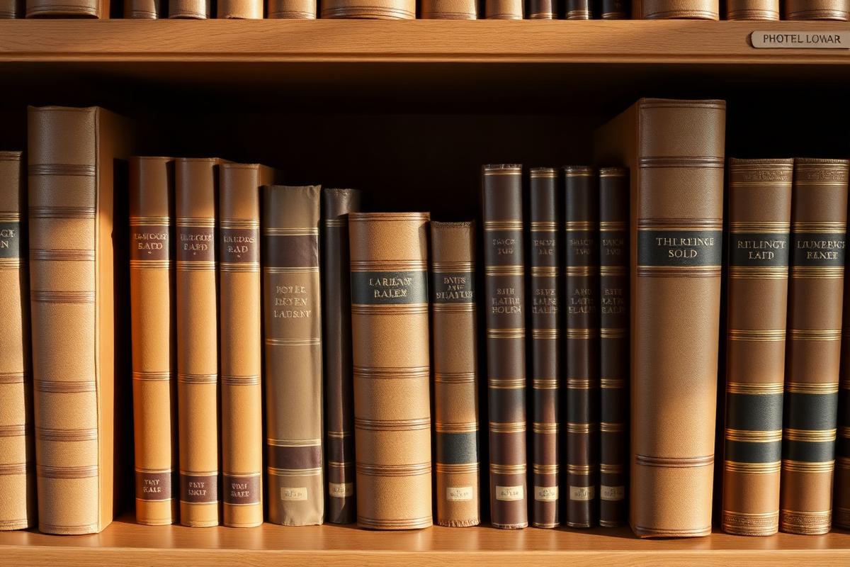 Shelf of leather-bound legal volumes in soft morning light