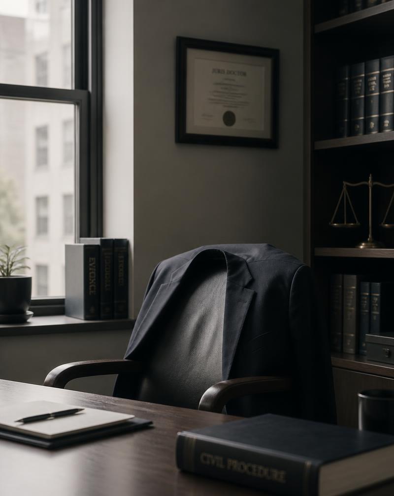 Law office study with a suit jacket resting on a chair